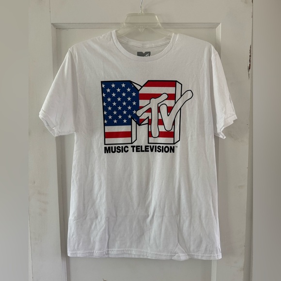 MTV American Flag Logo on White Background T-Shirt Sz Large - Picture 1 of 4
